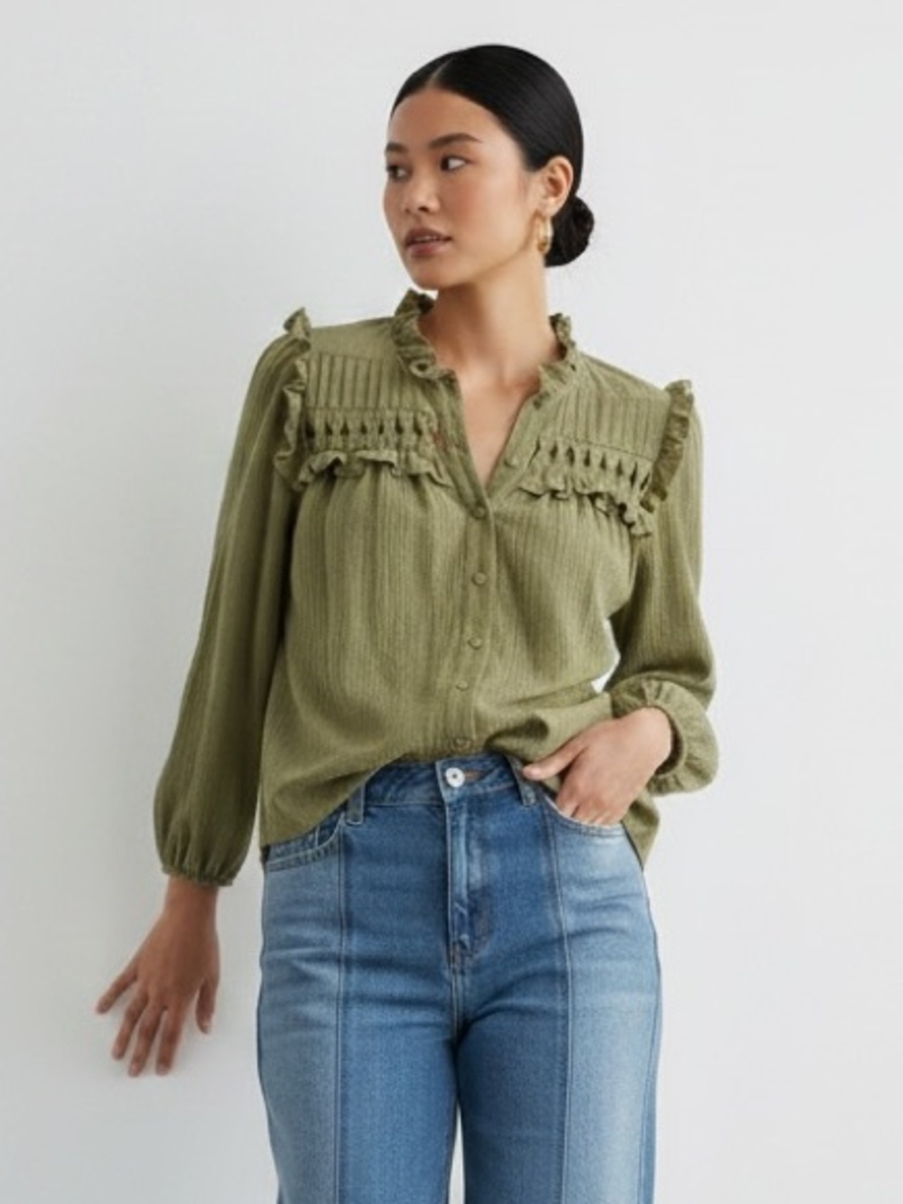 1522 • Olive Cotton Gauze Open Work Yoke Ruffle Trim Lined Blouse - Picture 4 of 8